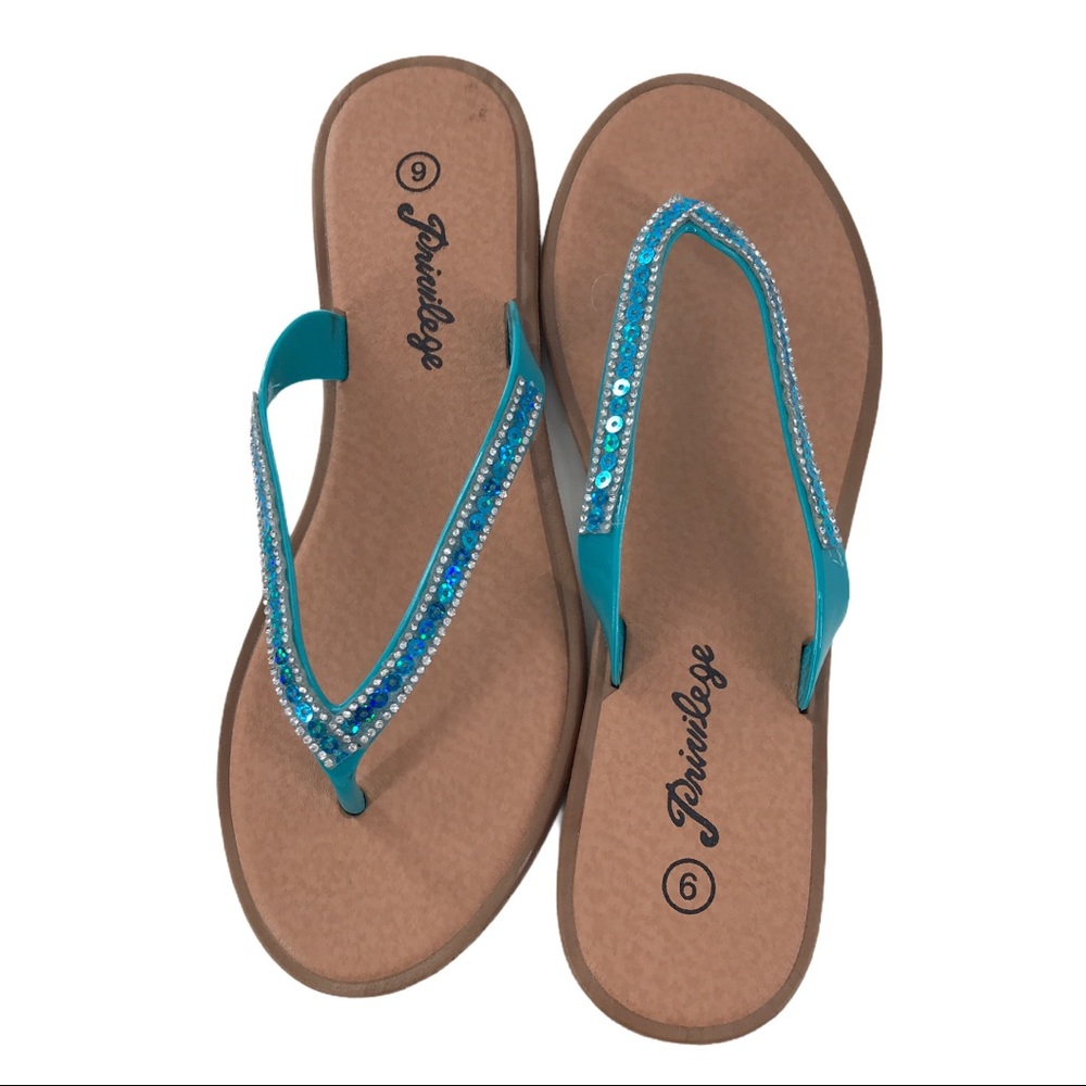 Privilege Blue/Silver Embellished Flip Flops